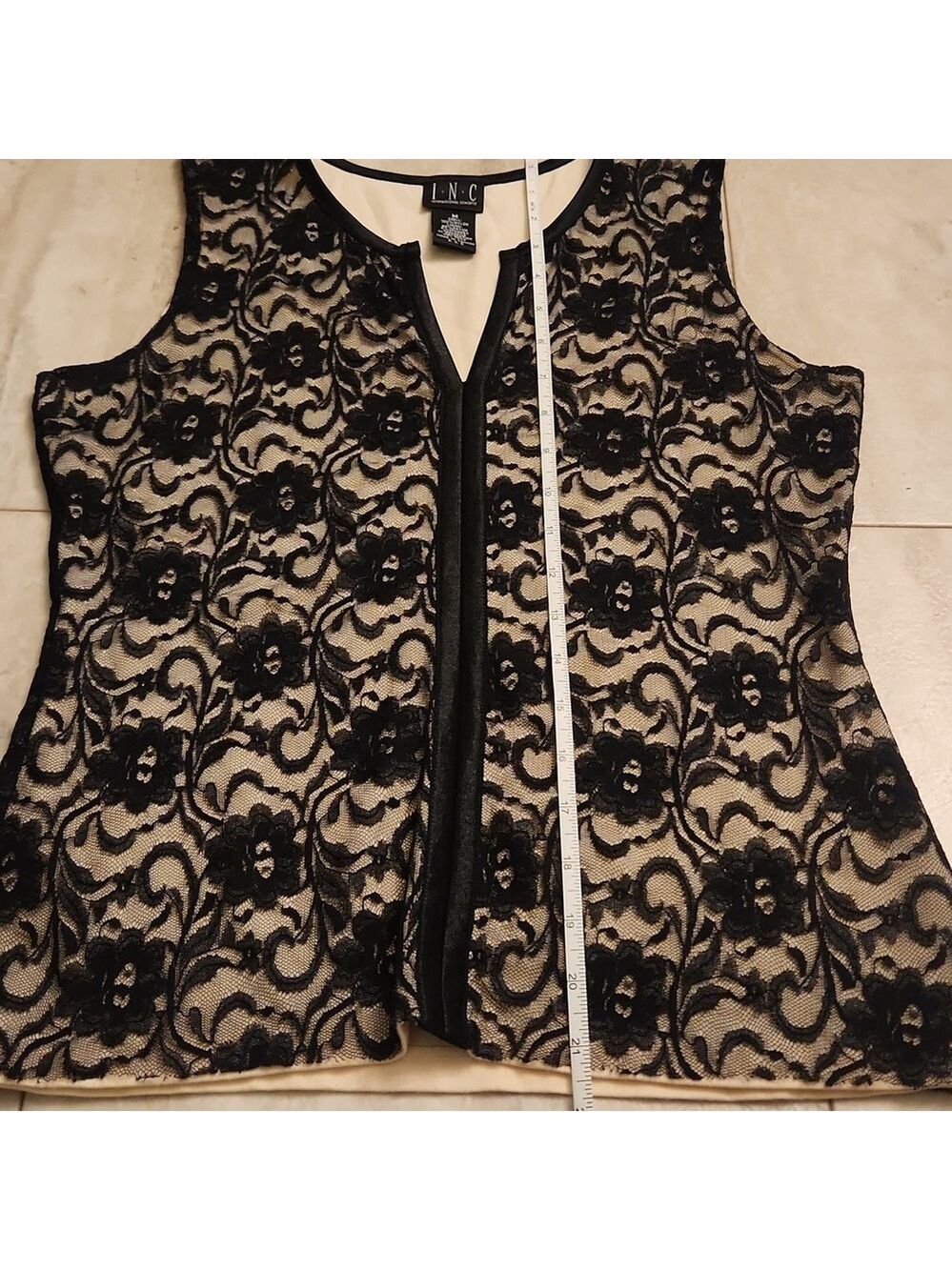 INC black lace overlay tank top shell Sz: M Sleeveless Holiday Split V Neck - Picture 9 of 11